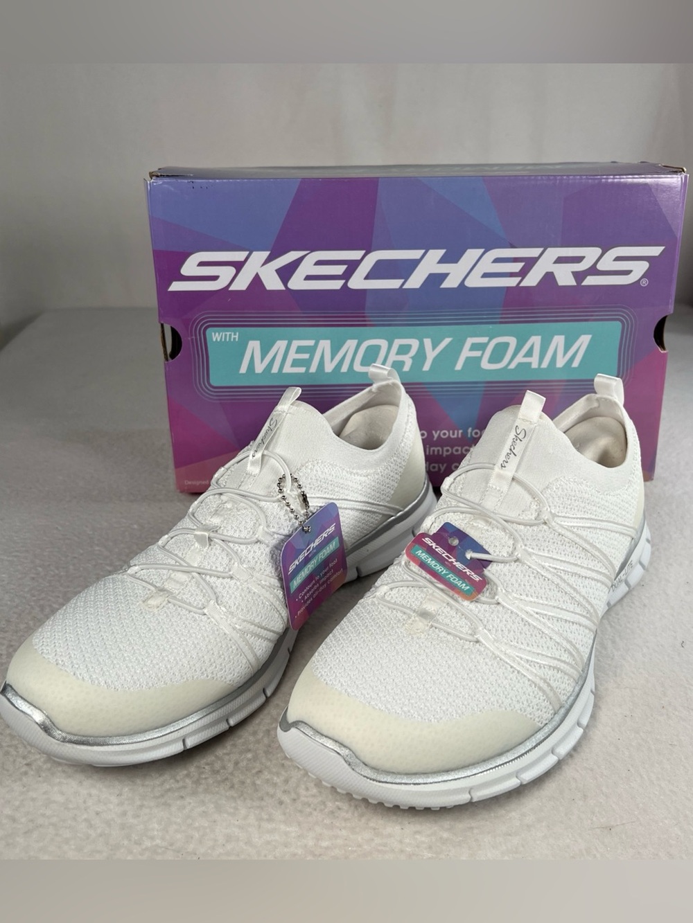 Skechers Womens Size-11 Memory Foam Gliders White/Silver 22874/WSL Dual-Lite NEW